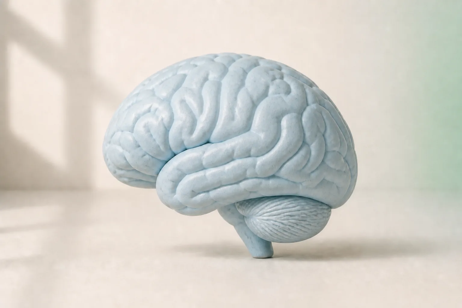 A pale blue ceramic brain sculpture against a warm white studio background.